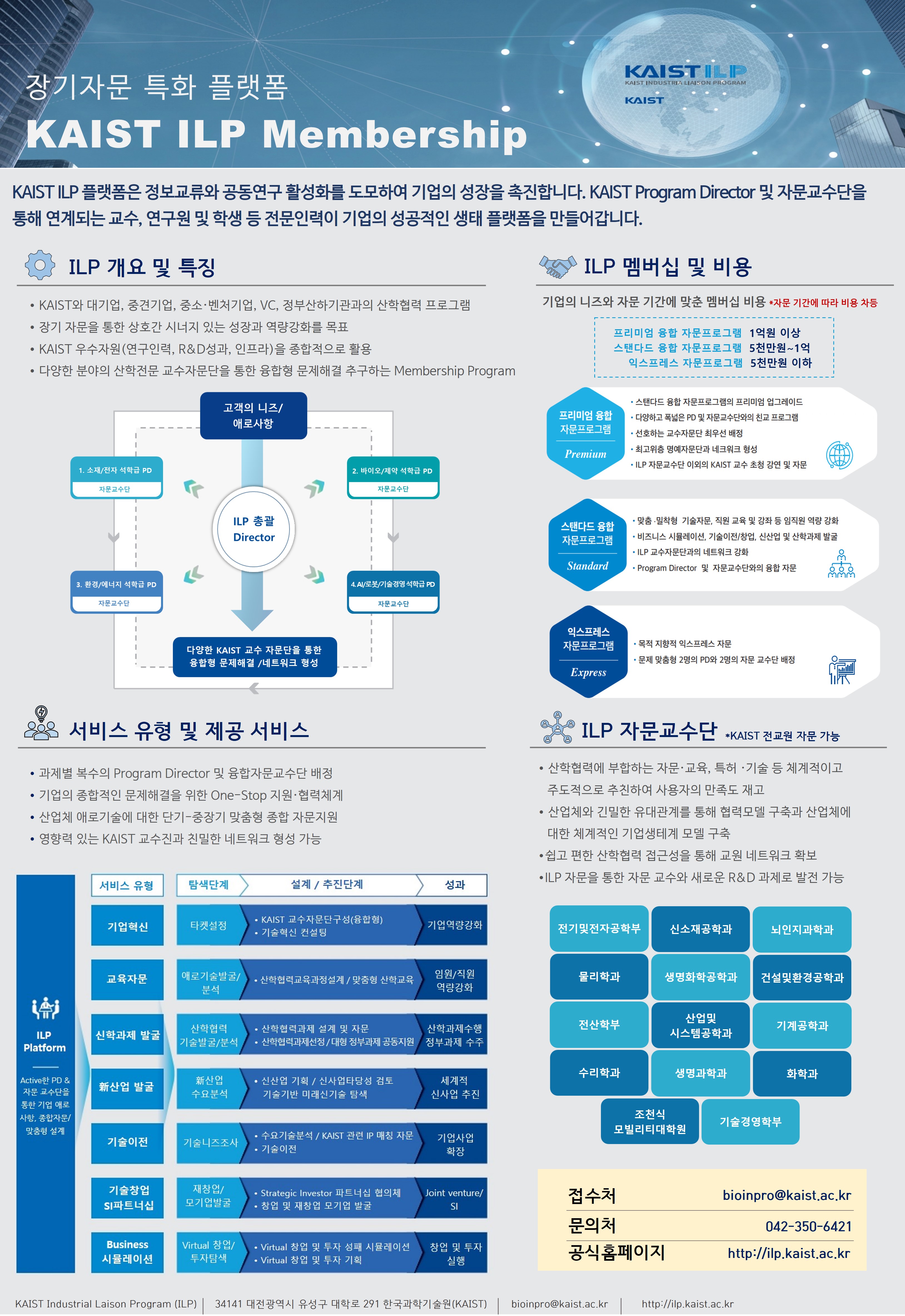 장기자문 특화 플랫폼<br />
KAIST ILP Membership<br />
KAISTILIP<br />
KAIST INDUSTRIALLAR ON PROGRAM<br />
KAIST<br />
KAIST ILP 플랫폼은 정보교류와 공동연구 활성화를 도모하여 기업의 성장을 촉진합니다. KAIST Program Director 및 자문교수단을 통해 연계되는 교수, 연구원 및 학생 등 전문인력이 기업의 성공적인 생태 플랫폼을 만들어갑니다.<br />
ILP 개요 및 특징<br />
ILP 멤버십 및 비용<br />
KAIST와 대기업, 중견기업, 중소·벤처기업, VC, 정부산하기관과의 산학협력 프로그램<br />
장기 자문을 통한 상호간 시너지 있는 성장과 역량강화를 목표<br />
KAIST 우수자원(연구인력, R&D성과, 인프라)을 종합적으로 활용<br />
다양한 분야의 산학전문 교수자문단을 통한 융합형 문제해결 추구하는 Membership Program<br />
기업의 니즈와 자문 기간에 맞춘 멤버십 비용 자문 기간에 따라 비용 차등<br />
프리미엄 융합 자문프로그램 1억원 이상 스탠다드 융합 자문프로그램 5천만원~1억 익스프레스 자문프로그램 5천만원 이하<br />
1. 소재/전자 석학급 PD<br />
자문교수단<br />
3. 환경/에너지 석학급 PD<br />
자문교수단<br />
고객의 니즈/애로사항<br />
ILP 총괄 Director<br />
다양한 KAIST 교수 자문단을 통한 융합형 문제해결/네트워크 형성<br />
888 서비스 유형 및 제공 서비스<br />
과제별 복수의 Program Director 및 융합자문교수단 배정<br />
기업의 종합적인 문제해결을 위한 One-Stop 지원·협력체계<br />
산업체 애로기술에 대한 단기-중장기 맞춤형 종합 자문지원<br />
영향력 있는 KAIST 교수진과 친밀한 네트워크 형성 가능<br />
2. 바이오/제약 석학급 PD<br />
자문교수단<br />
4.AI/로봇/기술경영석학급 PD<br />
자문교수단<br />
ㆍ스탠다드 융합 자문프로그램의 프리미엄 업그레이드<br />
프리미엄 융합 자문프로그램<br />
다양하고 폭넓은 PD 및 자문교수단와의 친교 프로그램<br />
Premium<br />
선호하는 교수자문단 최우선 배정<br />
최고위층 명예자문단과 네크워크 형성<br />
ILP 자문교수단 이외의 KAIST 교수 초청 강연 및 자문<br />
스탠다드 융합 자문프로그램<br />
ㆍ맞춤·밀착형 기술자문, 직원 교육 및 강좌 등 임직원 역량 강화<br />
Standard<br />
비즈니스 시뮬레이션, 기술이전/창업, 신산업 및 산학과제 발굴<br />
ILP 교수자문단과의 네트워크 강화<br />
Program Director 및 자문교수단와의 융합 자문<br />
익스프레스 자문프로그램<br />
목적 지향적 익스프레스 자문<br />
문제 맞춤형 2명의 PD와 2명의 자문 교수단 배정<br />
Express<br />
ILP 자문교수단 KAIST 전교원 자문 가능<br />
산학협력에 부합하는 자문·교육, 특허 기술 등 체계적이고<br />
주도적으로 추진하여 사용자의 만족도 재고<br />
산업체와 긴밀한 유대관계를 통해 협력모델 구축과 산업체에<br />
대한 체계적인 기업생태계 모델 구축<br />
쉽고 편한 산학협력 접근성을 통해 교원 네트워크 확보<br />
ILP 자문을 통한 자문 교수와 새로운 R&D 과제로 발전 가능<br />
서비스 유형<br />
탐색단계<br />
설계/추진단계<br />
성과<br />
기업혁신<br />
타켓설정<br />
KAIST 교수자문단구성(융합형) 기술혁신 컨설팅<br />
기업역량강화<br />
전기및전자공학부<br />
신소재공학과<br />
뇌인지과학과<br />
교육자문<br />
애로기술발굴· 분석<br />
산학협력교육과정설계/맞춤형 산학교육<br />
임원/직원 역량강화<br />
물리학과<br />
생명화학공학과<br />
건설및환경공학과<br />
산학협력 기술발굴/분석<br />
ILP Platform<br />
신학과제 발굴<br />
산학협력과제 설계 및 자문<br />
산학과제수행 정부과제 수주<br />
산학협력과제선정/대형 정부과제 공동지원<br />
전산학부<br />
산업및 시스템공학과<br />
기계공학과<br />
Active한 PD & 자문 교수단을 통한 기업 애로 사항, 중합자운/맞춤형 설계<br />
수리학과<br />
생명과학과<br />
화학과<br />
新산업 발굴<br />
新산업 수요분석<br />
신산업 기획/신사업타당성 검토<br />
기술기반 미래신기술 탐색<br />
세계적<br />
신사업 추진<br />
조천식 모빌리티대학원<br />
기술경영학부<br />
기술이전<br />
기술니즈조사<br />
수요기술분석/KAIST 관련 IP 매칭 자문 기술이전<br />
기업사업 확장<br />
042-350-6421<br />
기술창업 SI파트너십<br />
재창업/모기업발굴<br />
Strategic Investor 파트너십 협의체 창업 및 재창업 모기업 발굴<br />
Joint venture/<br />
접수처<br />
bioinpro@kaist.ac.kr<br />
SI<br />
문의처<br />
Business 시뮬레이션<br />
Virtual 창업/투자탐색<br />
Virtual 창업 및 투자 성패 시뮬레이션 Virtual 창업 및 투자 기획<br />
창업 및 투자 실행<br />
공식홈페이지<br />
http://ilp.kaist.ac.kr<br />
KAIST Industrial Laison Program (ILP)<br />
34141 대전광역시<br />
유성구 대학로 291 한국과학기술원(KAIST) |<br />
bioinpro@kaist.ac.kr<br />
http://ilp.kaist.ac.kr