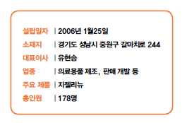 설립일자 | 2006년 1월25일<br />
소재지 | 경기도 성남시 중원구 갈마치로 244<br />
대표이사 | 유현승<br />
업종 | 의료용품 제조, 판매 개발 등<br />
주요 제품 | 지젤리뉴<br />
총인원 | 178명