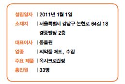 설립일자 | 2011년 1월 1일<br />
소재지 | 서울특별시 강남구 논현로 64길 18<br />
경풍빌딩 2층<br />
대표이사 | 동을원<br />
업종 | 의약품 제조, 수입<br />
주요 제품 | 옥시크로린정<br />
총인원 | 33명