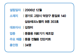 설립일자 | 2006년 12월<br />
소재지 | 경기도 고양시 덕양구 통일로 140<br />
삼송테크노밸리 B동 303호<br />
대표이사 | 김정미<br />
업종 | 동물용 의료기기 제조업<br />
주요 제품 | 동물 전혈용 진단키트<br />
총인원 | 34명