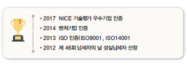 •2017 NICE 기술평가 우수기업 인증<br />
•2014 벤처기업 인증<br />
•2013 ISO 인증(ISO9001, ISO14001<br />
•2012 제 46회 납세자의 날 성실납세자 선정