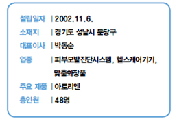 설립일자 | 2002.11.6.<br />
소재지 | 경기도 성남시 분당구<br />
대표이사 | 박동순<br />
업종 | 피부모발진단시스템, 헬스케어기기,<br />
맞춤화장품<br />
주요 제품 | 아토리엔<br />
총인원 | 48명