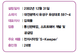 설립일자 | 2002년 12월 31일<br />
소재지 | 대전광역시 유성구 유성대로 597-4<br />
대표이사 | 김회율<br />
업종 | 통신판매업, 소프트웨어 개발 및<br />
공급업<br />
주요 제품 | 전자시약장 'S-Keeper'<br />
총인원 | 26명