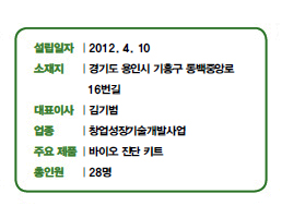 설립일자 | 2012. 4. 10<br />
소재지 | 경기도 용인시 기흥구 동백중앙로<br />
16번길<br />
대표이사 | 김기범<br />
업종 | 창업성장기술개발사업<br />
주요 제품 | 바이오 진단 키트<br />
총인원 | 28명